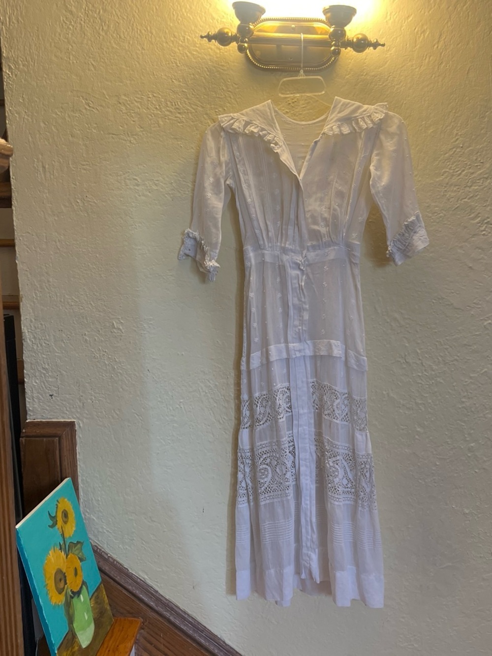 Vintage White Eyelet Lace Maxi Dress with Ruffle Collar